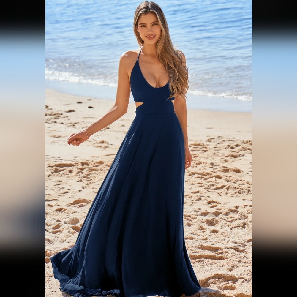 Blue Halterneck Cutout Waist Maxi Dress